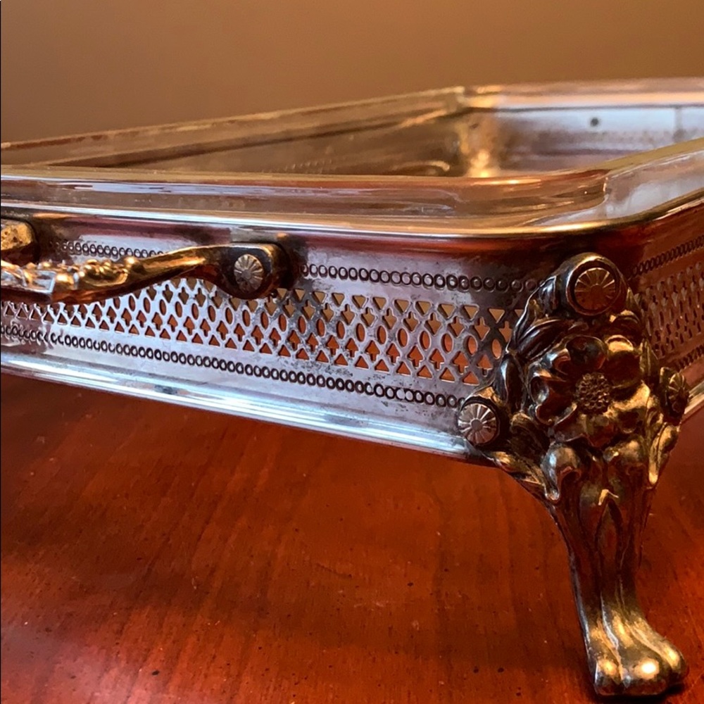 Vintage silverplate & glass insert holder 11 x 13”